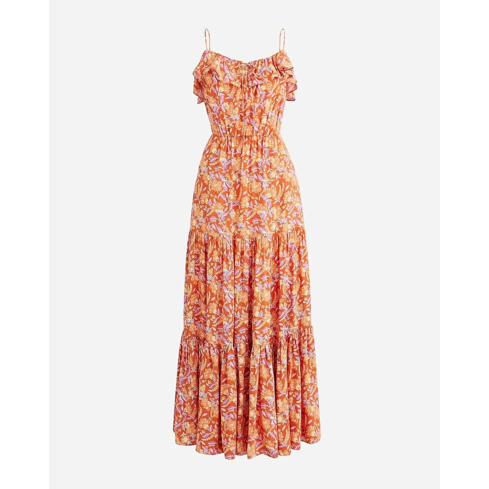 J.Crew Floral Tiered Maxi Dress Orange Pink Ruffle Neck Smocked Waist XS New